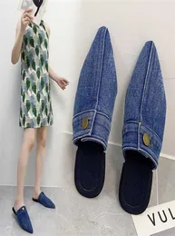 2023 Spring And Summer Designer Women Denim Slippers Blue Casual Flat Half Slides Buttons Shoes2664286