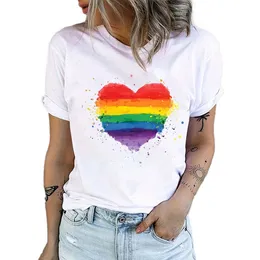 Damen-T-Shirt mit Valentinstag-Regenbogen-Liebesdruck, lässig, locker, Rundhalsausschnitt, kurzärmelig