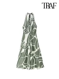 Sukienki swobodne Traf Women Fashion z paskiem wydrukowaną plisowaną sukienkę midi seksowną bez pleców kantarkę samica mejdos majer