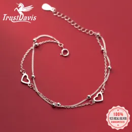 Braccialetti Trustdavis Genuino Argento Sterling 925 Moda Doppia Catena Braccialetto Cuore Romantico Per Le Donne Gioielli di San Valentino DB1174