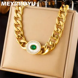 Choker DIEYURO 316L Stainless Steel Oval Green Zircon Necklace For Women 2024 Trendy Gold Color Thick Chain Jewelry Party Gift