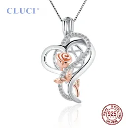 ペンダントCluci 100％925 Sterling Silver CZ Romantic Rose Flower Necklace Cage Pendant DIY Girls Valentine Pearl Love Heart Charms SC455SB