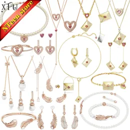 Uppsättningar XFU Original Boutique Jewelry Set High Quality Crystal Love Women's Necklace Earrings Ring Armband Romantic Gift Band Logo XFU