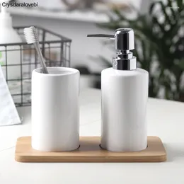 Bath Accessory Set Simple Ceramic Soap Dispenser Bathroom Accessories 3pcs Kit Wood Tray Toothbrush Holder Mouth Cups Black White