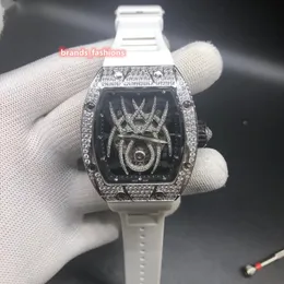 Design straordinario orologio da uomo di tendenza con cassa in acciaio inossidabile argento, orologio con diamanti pieni, cinturino in caucciù, polso meccanico automatico3029