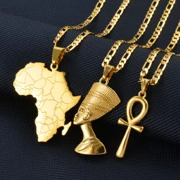 3Peeces Ankh Nefertiti Afrika Harita Kolye Kolyeleri 14K Sarı Altın Düğün Doğum Partisi Etnik Takı Kadın Erkekler