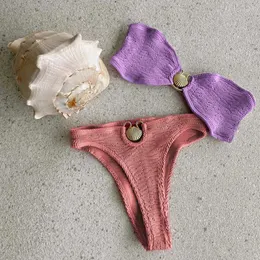Kvinnors badkläder 2023 Sexig Shell Bandeau Bikini Textured Badkläder Kvinnor Högklippta baddräkt Varma baddräkter Solid Brasilian Biquinis Set J240221