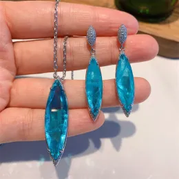 セットQXTC BLUE PARAIBA TOURMALINE GEMSTONEペンダントネックレスイヤリング豪華なジュエリーセット女性のためのギフトヴィンテージアクセサリー