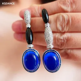 KQDANCE Luxo Grande Resina Preta CZ Diamante Corte Oval Safira Azul Pérola Brincos Longos Com 925 Agulha de Prata Jóias Mulher 240220