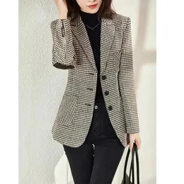 Spring Thousand-Bird Lattice Small Suit Jacket Womens Medium Length Slim Temperament Plaid Suit Everything Up Top XZ08 240219