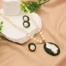 Sets GLSEEVO New Lazurite Pendant Pearl Chain Women Earring Ring Three Piece Set Popular Simple Elegant Rhinestone Lady Exquisite Jew