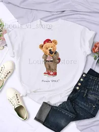 Camiseta feminina Por favor, sorria quando você estiver tirando fotos Teddy Bear Camisetas Mulheres Criativas O-pescoço Casual Manga Curta Respirável Roupas Femininas T240221