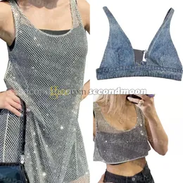 Frauen Glänzenden Strass Kleid Sexy Crop Top Weste Denim Bh Tops Ärmellose Sling Westen Frau Kleider