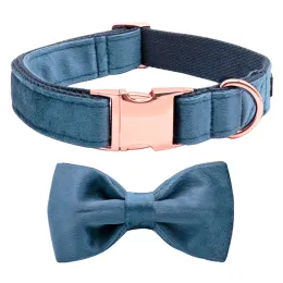 Collars Unique Style Paws Deep Blue Velvet Soft Collar with Bow tie and Leash Gift for Dogs and Cats