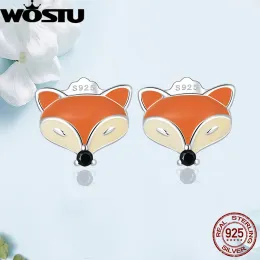 Kolczyki Wostu Solid 925 Sterling Srebrne małe kolczyki dla kobiet Śliczne pomarańczowe Fox Ear Studs S925 Piękna biżuteria Prezent dla dziewczyny Fie1425