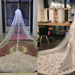 Applique in pizzo Elegante velo da sposa Con perline Lunghezza cattedrale Uno strato 3 M Velo da sposa lungo Bianco Avorio Bordo applicato Velo De Novia Elegante