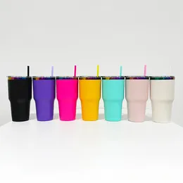 USA warehouse 30oz powder coated vacuum insulated white and black rainbow plated car cups tumblers with color straw and clear lid for holographic laser engraving