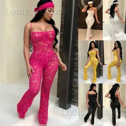 Women's Jumpsuits Rompers Sheer Sleeveless Lace Jumpsuit for Women Sexy See Through Bandeau Spaghetti Strap Bodycon Rompers Night Club Overalls T240221