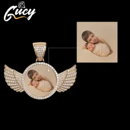 Halsband Gucy Custom Made Photo with Sngel Wings Halsband Pendant 4mm Tennis Chain Cubic Zircon Men's Hip Hop smycken