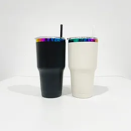 Bicchiere da caffè in acciaio inossidabile da 30 once verniciato a polvere multicolore con rivestimento arcobaleno con coperchio a prova di perdite per il design della stampa 3D del logo inciso al laser