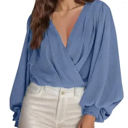 여성용 블라우스 깊은 V 목에 우아한 블라우스 셔츠를위한 여성 패션 장거리 슬리브 단색 느슨한 셔츠 캐주얼 블루 오피스 레이디스 탑