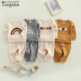 Giyim Setleri Tragren 0-24m Yenidoğan Bebek Erkek Kızlar Giysileri Waffle Sonbahar Kıyafetleri Mektup Gökkuşağı Deseni Uzun Kollu Sweatshirt Pantolon 2 PCS Setleri