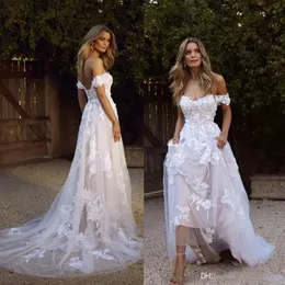 Bohemian Wedding Elegant Dresses A Line Off Shoulder Appliqued Tulle Backless Long Summer Beach Bridal Gowns BM1510 ppliqued