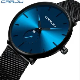 Cienki niebieska marka crrju elegancka męska zegarek prosty wzór uczniów zegarków ze stali nierdzewnej siatki pasa na rękę