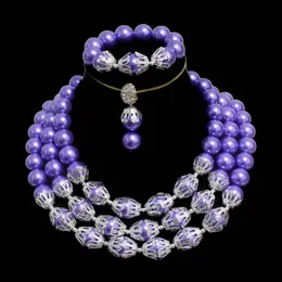 Dudo Simulated Pearl Purple Silver African Jewelry Set Nigerian Wedding Beads Earrings Bracelet Necklace Set