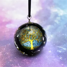 Necklaces Ogan Energy Black Tourmaline Tree of Life Pendant Necklace Orgonite Crystal Quartz Crushed Stone Resin Domed Healing Yoga Jewelr