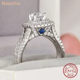 Anéis Newshe 2 Pcs Duplo Halo Corte Redondo AAAAA Cz Anel de Noivado Banda de Casamento para Mulheres Estilo Vitoriano 925 Prata Jóias De Noiva