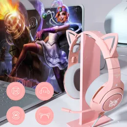 Fones de ouvido Onikuma K9 Cute Cat Ear Headphone com microfone para jogos e cancelamento de ruído com luz LED para laptop computador gamer rosa