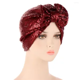 Ethnic Clothing Shiny Glitter Women Muslim Fashion Hijabs Turbante Bonnet Chemo Cap Bow Hair Loss Hat Arab Headwear Cover Beanie India Mujer