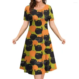 Sukienki imprezowe Nueva retro vestidos de Mujer Halloween Gato Imprimir Elegante Casual Manga Corta Modaress Ropa Y2K