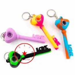 Latest Colorful LOVE Key Shape Silicone Hand Pipes Glass Filter Holes Screen Bowl Portable Herb Tobacco Cigarette Holder Smoking Pocket Handpipes