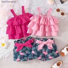 Conjuntos de roupas Conjunto de roupas de bebê de 6 meses a 3 anos de idade sem mangas Croptop e shorts de flamingo de desenho animado Roupa de roupas para crianças recém-nascidas