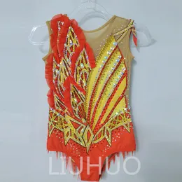 LIUHUO Customize Colors Rhythmic Gymnastics Leotards Girls Women Competition Artistics Gymnastics Performance Wear Crystal Red-Yellow