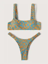 ملابس السباحة النسائية مثيرة صغيرة بيكيني 2023 Womens Orange Leopard Push Up Apron على شكل T على شكل Twear Womens Womens Trajes de Ba O J240221