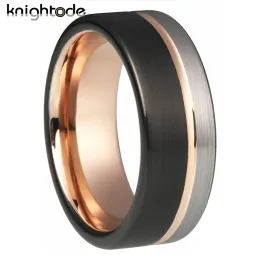 Bands 2 Color 8mm Tungsten Carbide Wedding Band Couples Marry Rings Rose Gold Grooved Black Flat Surface Brushed Provide Engraving