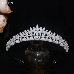 Visa tazirn liten blommig bröllop brud kronor kubiska zirkoniumtiaras handgjorda cz brudhuvudbonad prom födelsedagsfest hårillbehör
