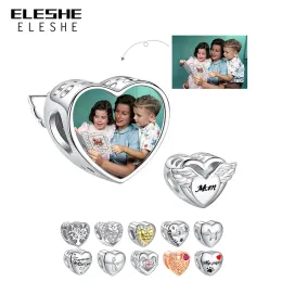 Beads ELESHE 925 Sterling Silver Photo Custom Charms Angel Wings Letter MOM Heart Bead Fit Bracelet DIY Jewelry Mother's Day Gift