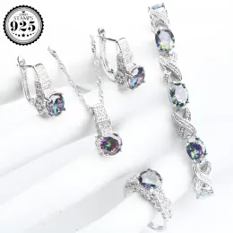 Sets Natural Rainbow 925 Sterling Silver Jewelry Sets Zircon Wedding Earrings For Women Stones Bracelet Necklace Rings Set Gifts Box