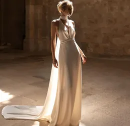 Elegancka suknia ślubna 2024 z szalem rękawem V kantar szyi elastyczna satyna boho birde imprezowa sukienki vestido de novia szatę de mariage
