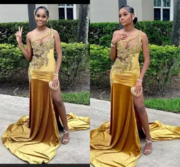 African Girls Gold Yellow Prom Dresses Sexy Mermaid Velvet One Shoulder Evening Gowns With High Thigh Split Robes de soriee BC18239