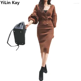 Work Dresses YiLin Kay Fall Two Piece Set Batwing Knitted Sweater Women Skirt Suit 2024 Autumn 2