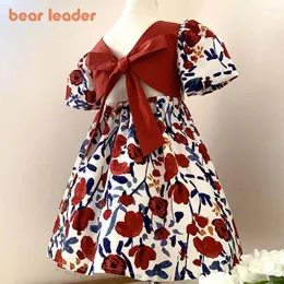 Flickaklänningar Bear Leader Summer Dress Outfits 2024 Girls Floral Princess Backless Tie Bow Puff Sleeve Fashion för 3-11 Y