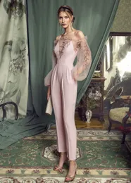 Elegant Light Pink Mother Of The Bride Suits With Pockets Off The Shoulder Long Sleeves Jumpsuits Wedding Guest Dress 2024 Women Simple Formal Party Wear