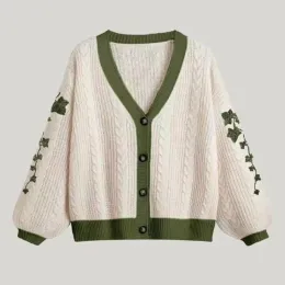 Cardigans Cute Lantern Sleeve Knitted Cardigan Autumn Warm Embroidery Sweater Women Casual Vneck Single Breasted Sweater Coat Y2k