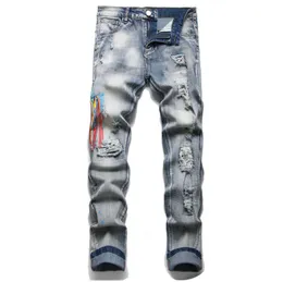 Męskie dżinsy niebieskie w trudnej sytuacji spodnie w stylu streetwearu żebra plastry rozciąganie otworów szczupłe fit high street Ripped