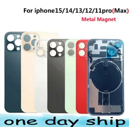 İPhone 15 14 için arka cam cep telefonu muhafazaları, metal mıknatıs esnekliğine sahip Pro Max Pil Arka Kapak Muhafazası